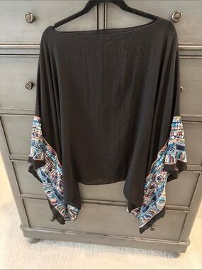 Three Bird Nest Black Poncho with Multicolor Embroidered Trim